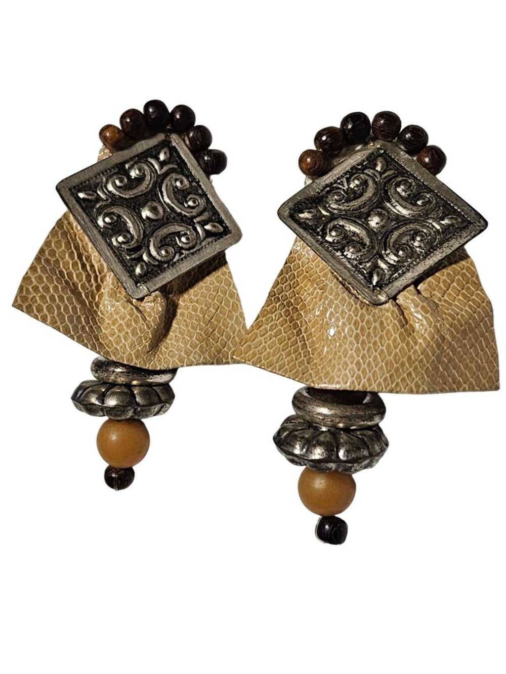 Vintage Handmade Clip on Earrings Faux Snakeskin Bead Accents Fashion Jewelry